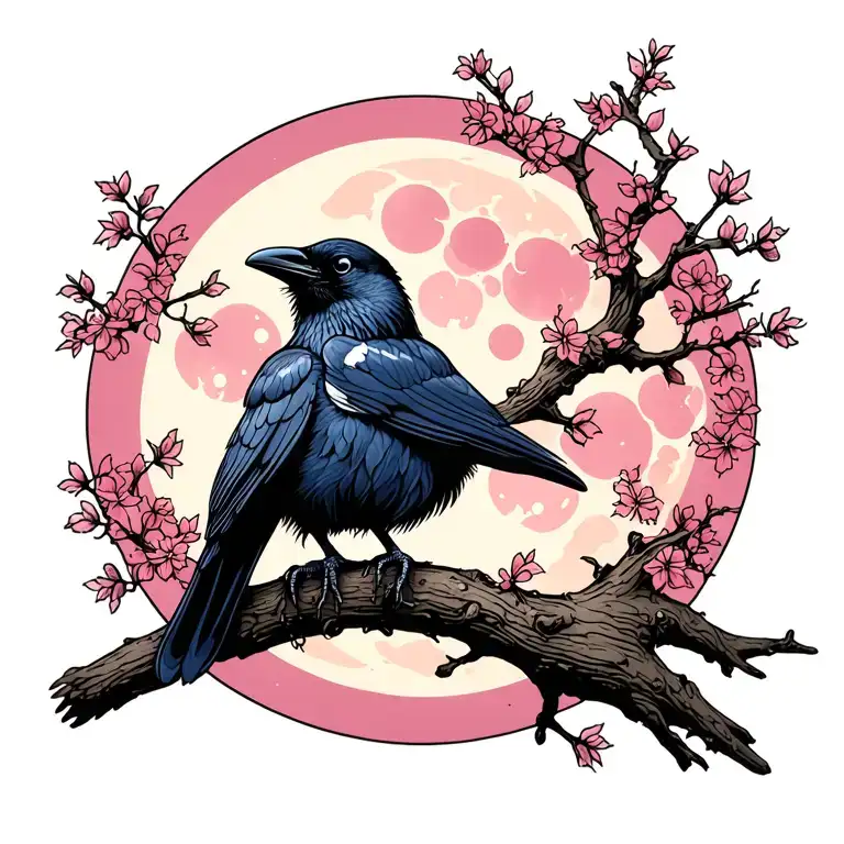 Raven sitting on a tree branch with the moon cycles behind it tattoo design idea