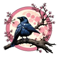 Raven sitting on a tree branch with the moon cycles behind it tattoo design idea