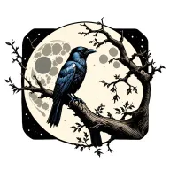 Raven sitting on a tree branch with the moon cycles behind it tattoo design idea