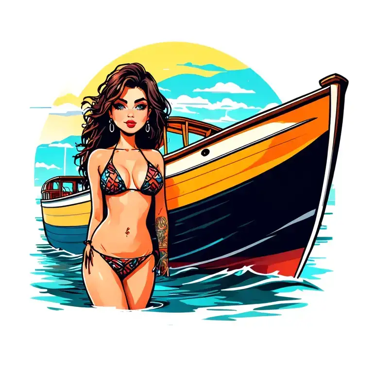 cartoon style bikini woman next to boat tattoo design idea