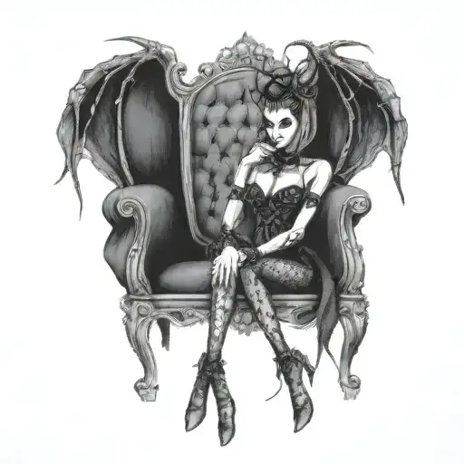 A gothic spider queen sitting on a throne made of fabric spools, symbolizing the client's passion for both spiders and clothing manufacture tattoo design idea