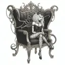 A gothic spider queen sitting on a throne made of fabric spools, symbolizing the client's passion for both spiders and clothing manufacture tattoo design idea