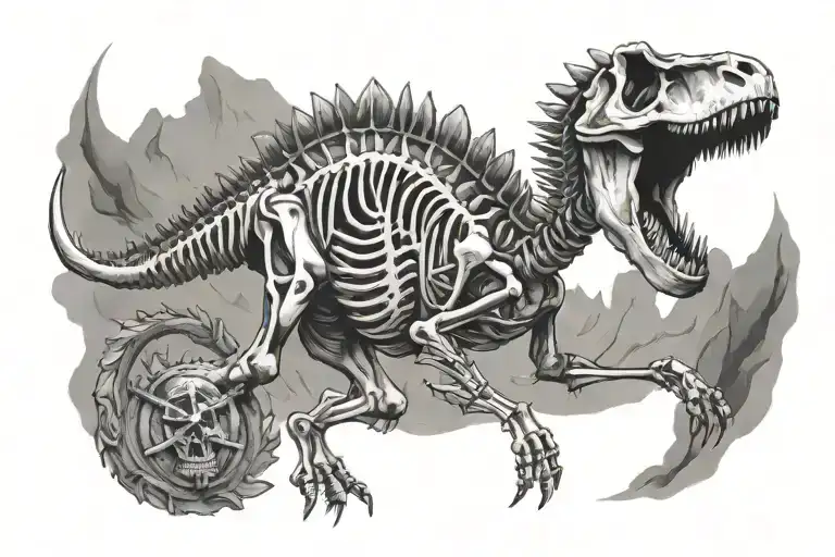 human skeleton riding on a dinosaur skeleton tattoo design idea