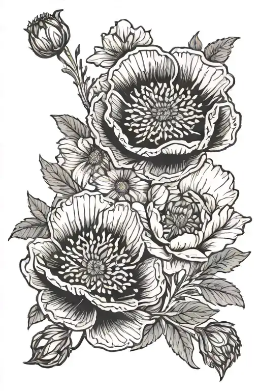 poppy + diasy + Aster flower intertwined tattoo design idea
