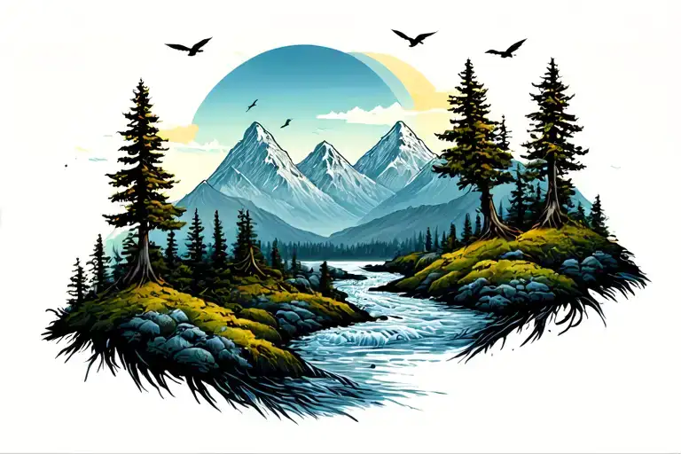 mountains trees birds stream panorama tattoo design idea