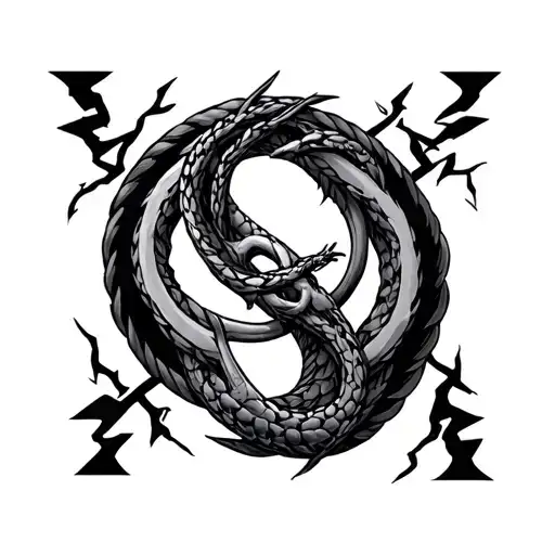 Ouroboros, inside the signs of Ra and Amon Ra separated by lightning tattoo design idea