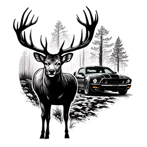 A majestic deer in a forest setting, with a hidden image of a Ford Mustang subtly incorporated into the design tattoo design idea