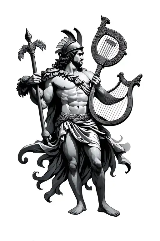 Greek god Apollo wearing a warrior helmet while holding a lyre tattoo design idea