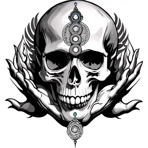 skull holding seven chakras with trishul tattoo design idea