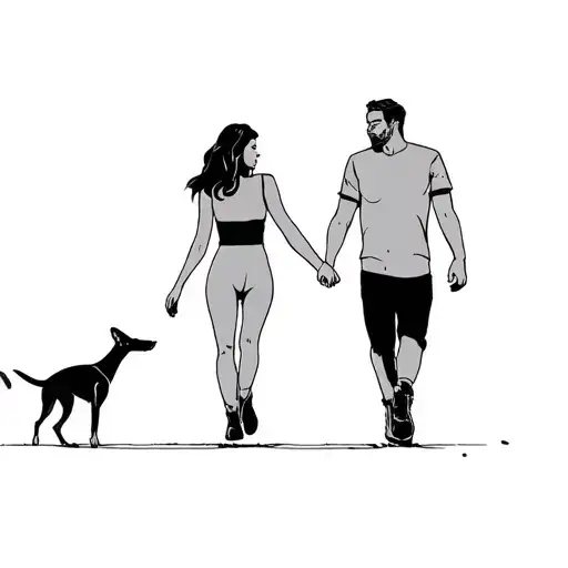 a man and a woman walking hand in hand with a greyhound in front of them tattoo design idea