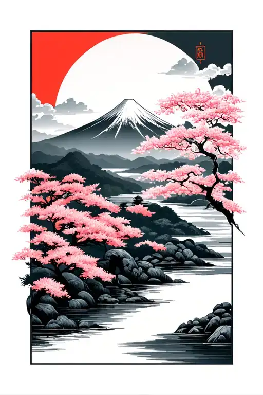 Japanese scenery with Fuji Mountain, cherry trees, Kaizen symbol,Japanese sun, maple leaves, rivers, streams, and Tori g tattoo design idea
