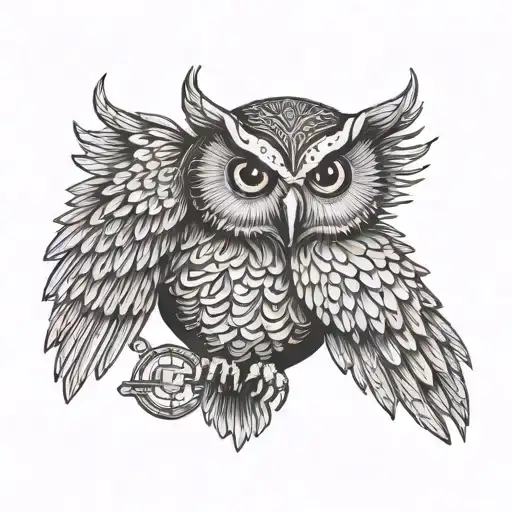 Harry Potter's owl with its wings open, made with thin lines. In the center of the owl, there is a small key to the mirror. tattoo design idea
