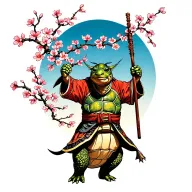 tortoise elderly kung fu turtle with staff at peach tree blossoms blowing away scene in mountain pass tattoo design idea