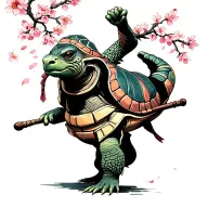 tortoise elderly kung fu turtle with staff at peach tree blossoms blowing away scene in mountain pass tattoo design idea