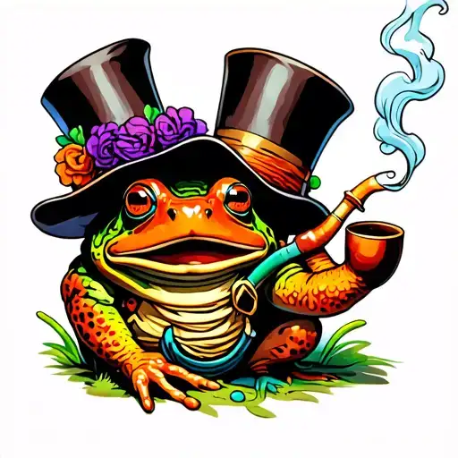 Toad with one top hat, smoking peace pipe On little red, purple, orange, green mushes, colourful smoke from pipe on bott tattoo design idea