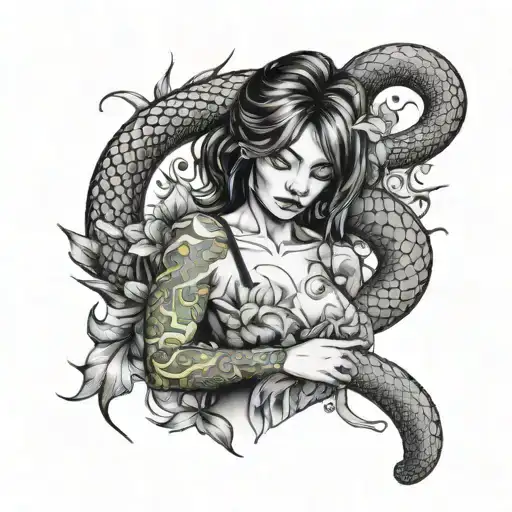 Sketch of a men's forearm sleeve in a graphic style depicting a half-naked girl with a Japanese tattoo in her hands and a snake tattoo design idea
