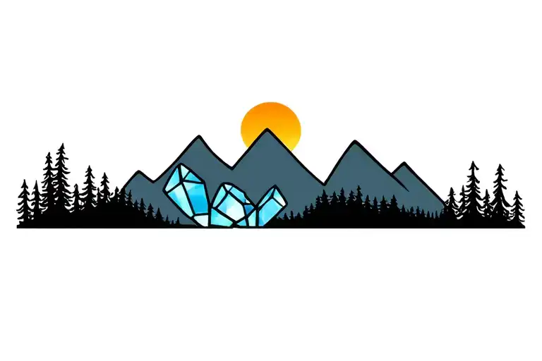 Forest and mountains outline intertwined gems amythest and topaz. Blue topaz sun rising tattoo design idea