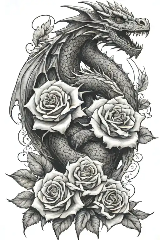 realistic tattoo featuring feminine dragons and roses tattoo design idea