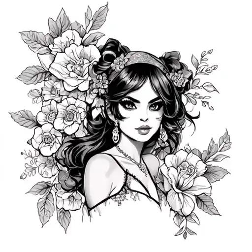 black trad pin up anime girl tattoo design idea