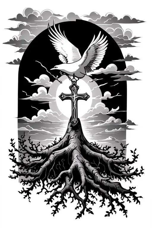 Root tree growing towards bird flying holding a cross necklace with the sun and clouds overhead tattoo design idea
