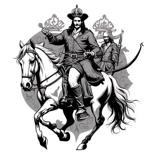 Sailor Jerry–style Four Horsemen of the Apocalypse, bold AF:Conquest: Crowned rider on white horse, bow in hand, banne tattoo design idea
