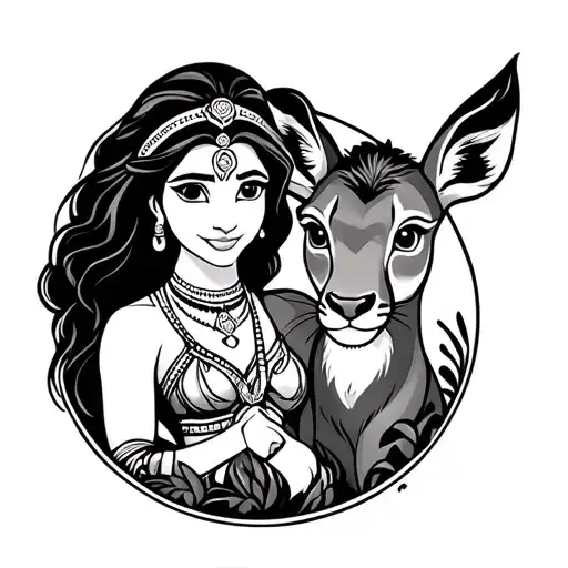 Disney character Pocahontas, Simba and Bambi, from Disney movie, adventure landscape, colorfull tattoo design idea