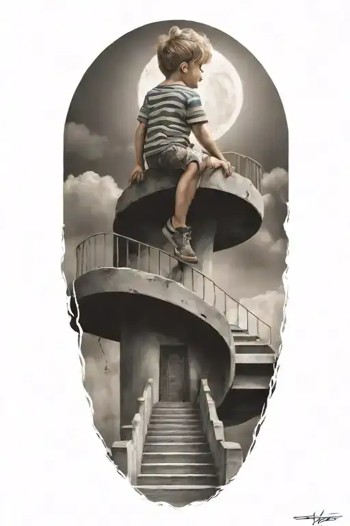 stairs to heaven with little boy tattoo design idea