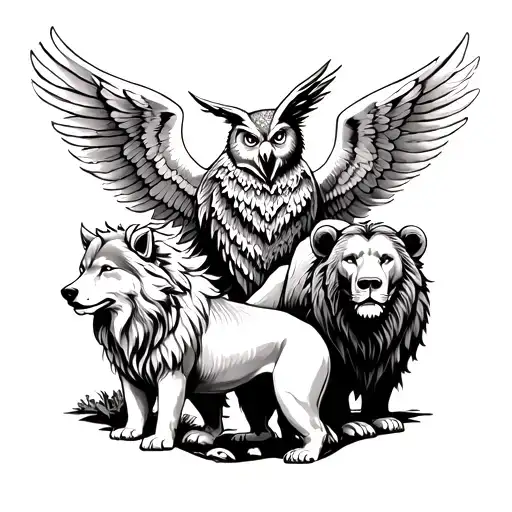 A wolf on the left next to a lion and a bear with a bull on the right with an owl ontop with open wings tattoo design idea