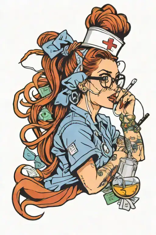 tattood vet tech pinup, scrubs, red hair, messy bun, headband, bites, glasses, nose pierced, id badge, bandaid, nails tattoo design idea