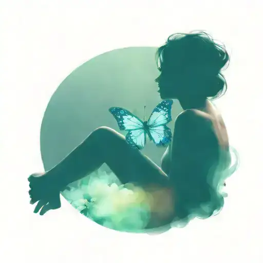 woman sitting facing forward looking down inside a translucent bubble holding a butterfly and a lily tattoo design idea