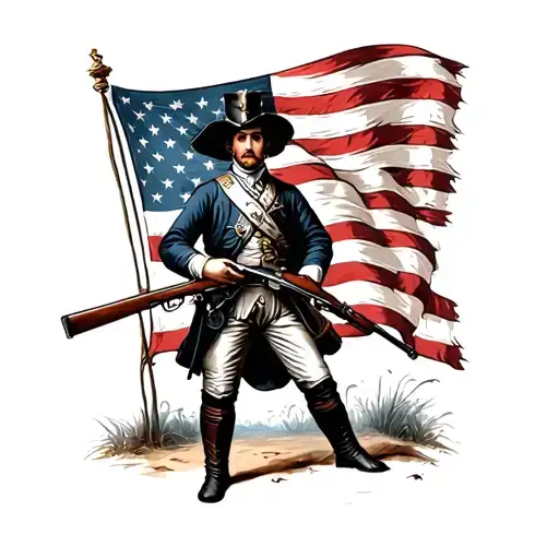 Revolutionary war soldier holding flintlock rifle in front of betsy ross flag with banner tattoo design idea