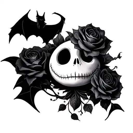 jack skellington black roses bats flying tattoo design idea