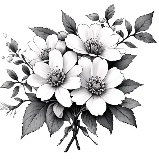 honeysuckle, cherry blossom, Aster bouquet tattoo design idea