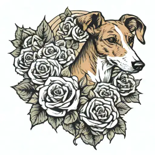 spanish podenco with roses and a donut  tattoo design idea