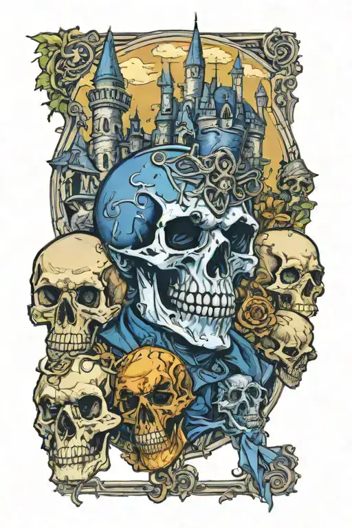  necromancer with skull face, raising zombies using magic, with a Gothic castle in the background tattoo design idea