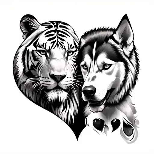 of a white tiger with a lion and another husky dog ​​in the shape of a heart tattoo design idea