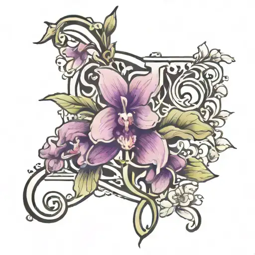 letter L in olive blossoms and a purple orchid tattoo design idea