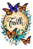 Faith written in cursive with Butterflies and stars around tattoo design idea