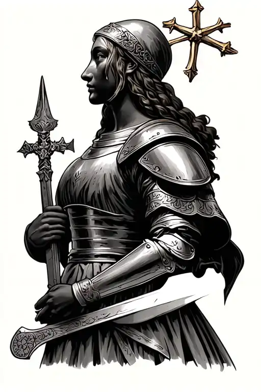 saint Joan of arc in armour, no face profile holding tattoo design idea