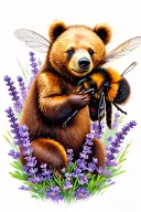 bear playing with a bumble bee in lavender flowers tattoo design idea