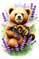 bear playing with a bumble bee in lavender flowers tattoo design idea