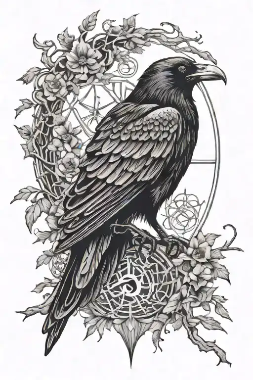 Design a Nordic-style tattoo with a raven above the Gemini sign, surrounded by Nordic runes. Incorporate nature elements tattoo design idea