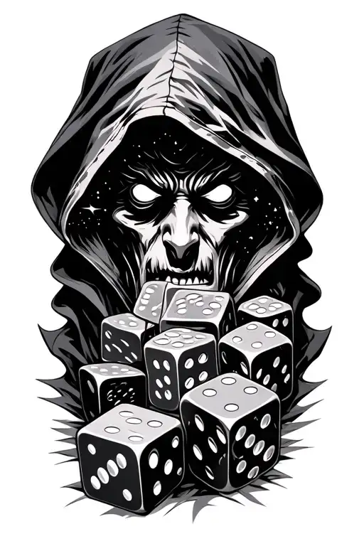 hooded figure with cosmic face rolling dice of fate tattoo design idea