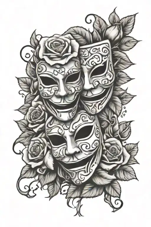 Roses and Comedy tragedy masks tattoo design idea