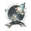 celestial sky, maybe with subtle constellations or glowing, pixel-like elements, blending into a distant horizon tattoo design idea