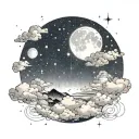 celestial sky, maybe with subtle constellations or glowing, pixel-like elements, blending into a distant horizon tattoo design idea