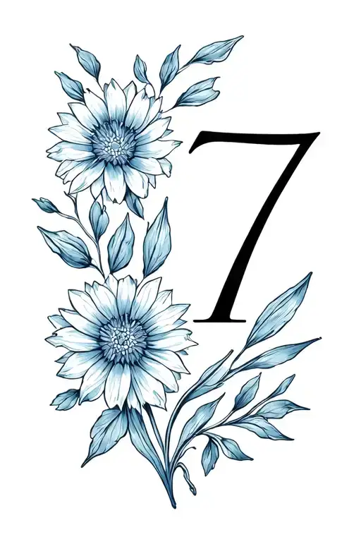 Cornflower petals and tulip flower petals revolving around the number 17, which has Fine Line Calligraphy Tattoo Font tattoo design idea