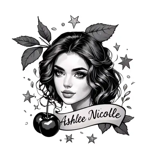 Name Ashlee Nicole with cherries and stars tattoo design idea