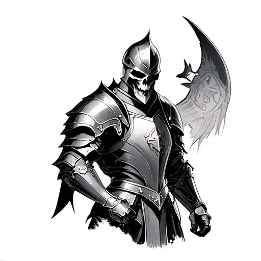dark armored knight with skull pauldron, closed helmet and sharp bridge armor. tattoo design idea