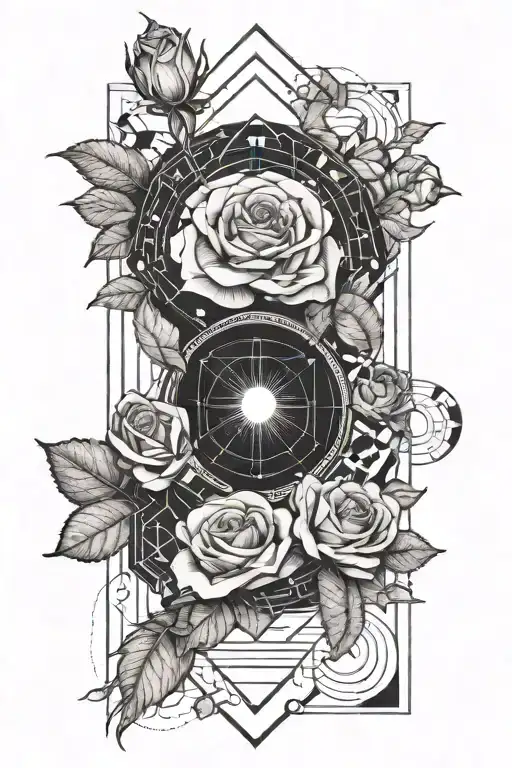 rose, blackhole and science fiction scene tattoo design idea